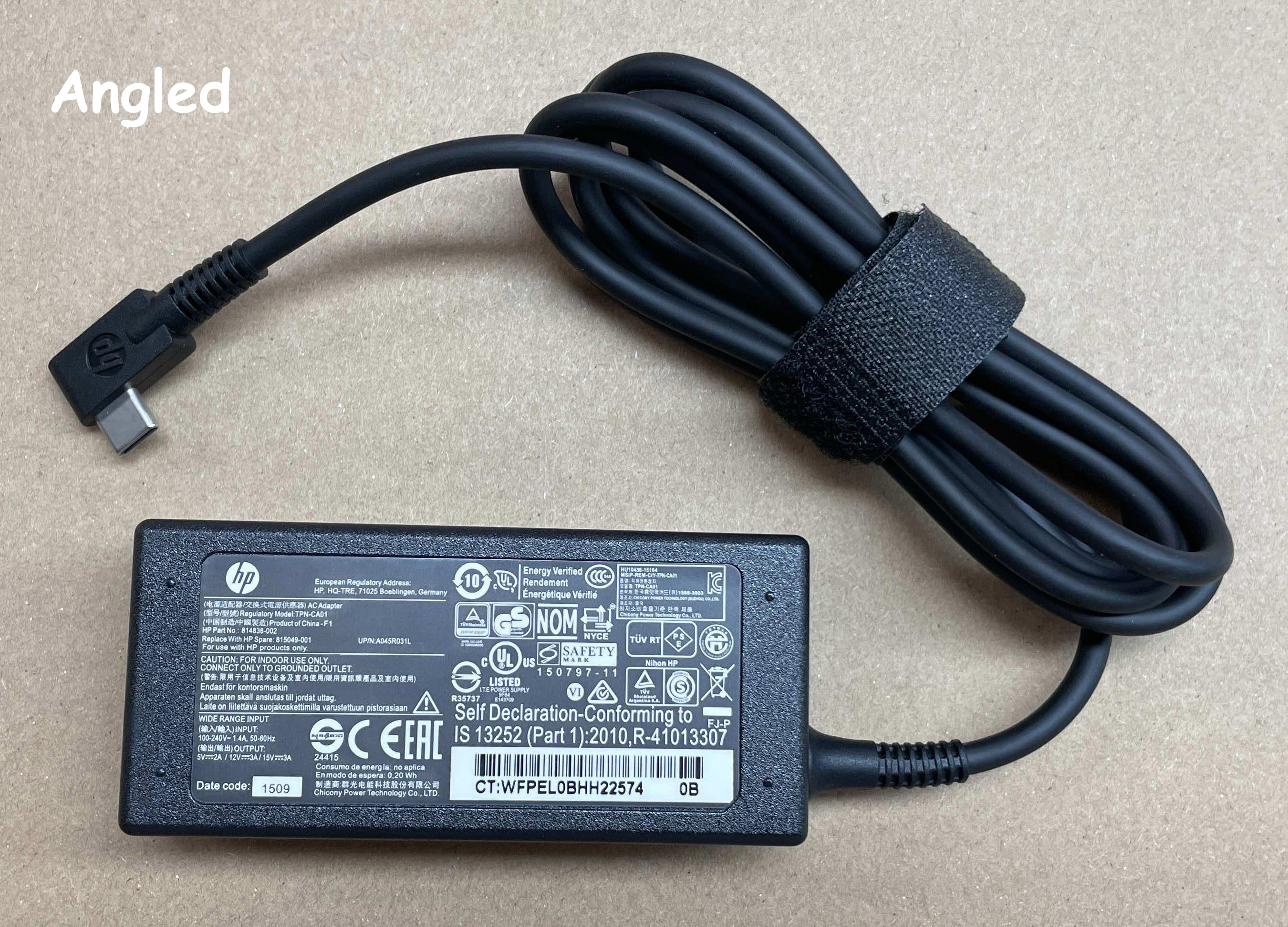 HP 45W Charging Power Adapter with USB C Connector Angled 01