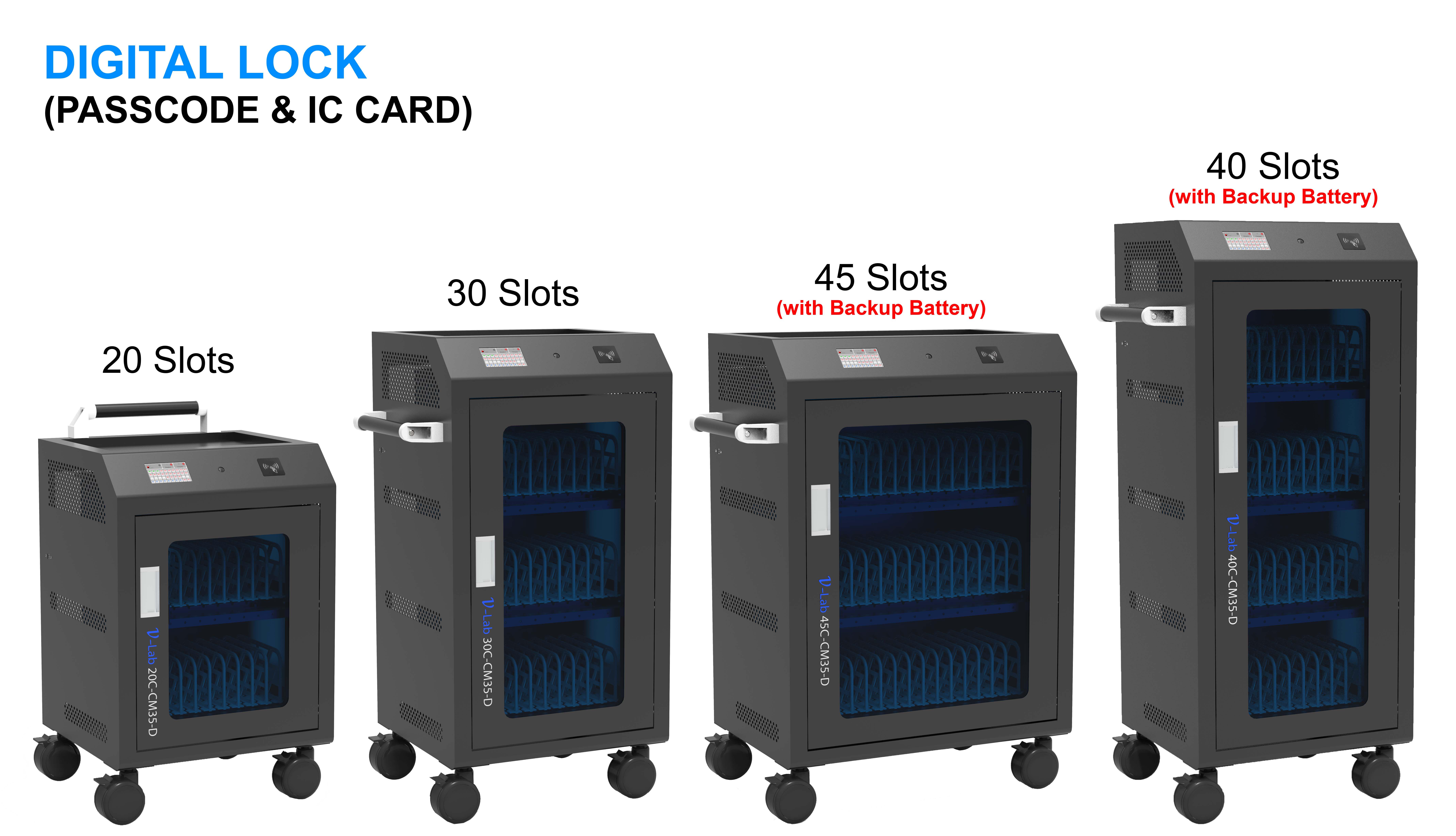 V-Lab C-CM35 Series: 20 / 30 / 40 / 45 USB-C 30W Power Delivery Fast Charge & Data Sync for iPad & Android Tablet. Available Digital Lock and Manual Lock. Mobile Push Cart with Touch Screen, Security Camera, Smart Timer and UV Disinfection