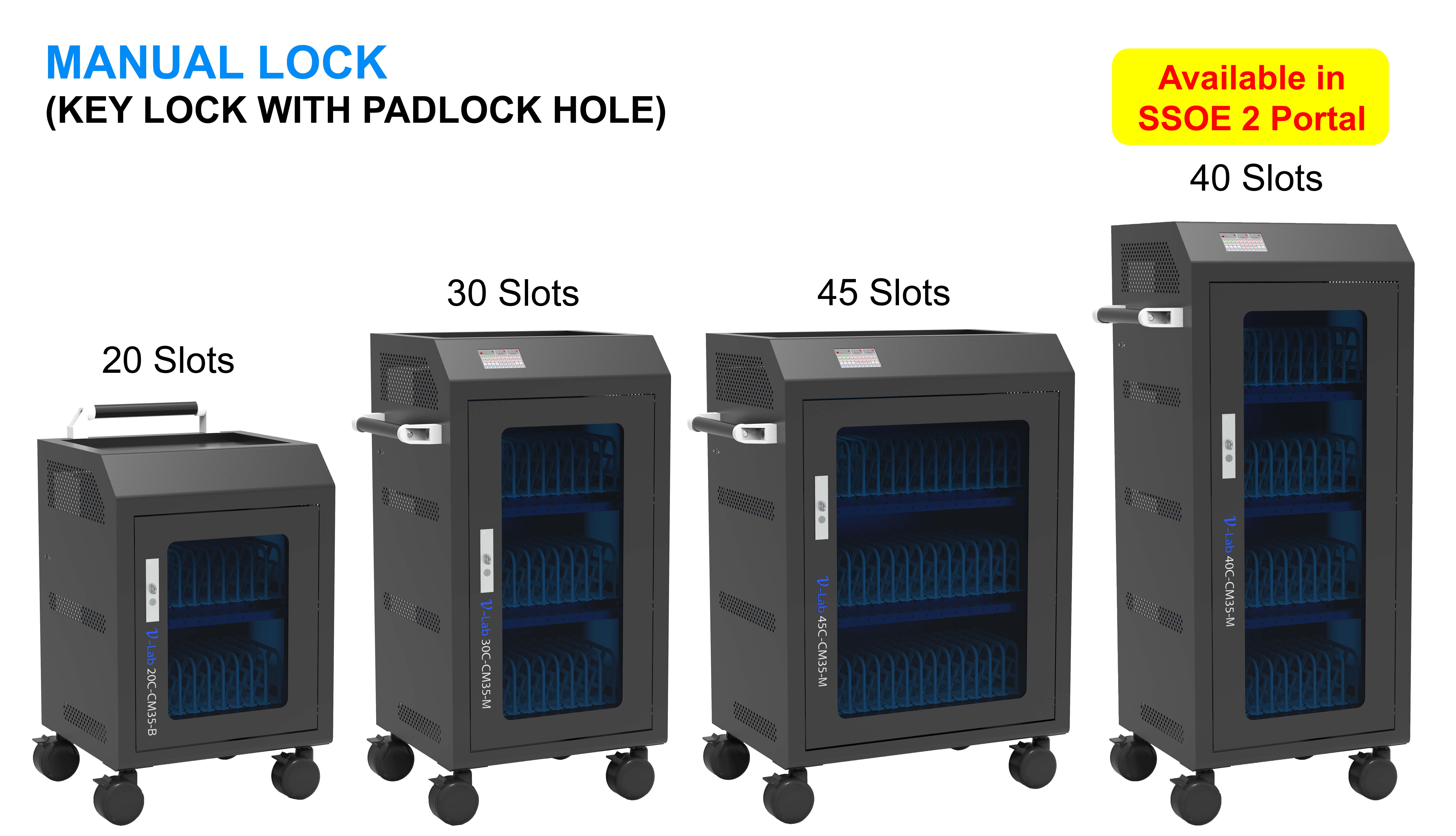 V-Lab C-CM35 Series: 20 / 30 / 40 / 45 USB-C 30W Power Delivery Fast Charge & Data Sync for iPad & Android Tablet. Available Digital Lock and Manual Lock. Mobile Push Cart with Touch Screen, Security Camera, Smart Timer and UV Disinfection