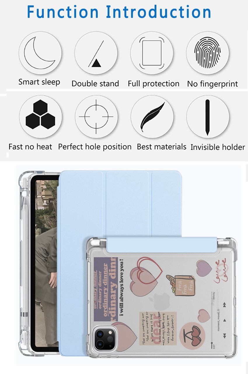 Tri Fold PU Leather Cover with Soft TPU Translucent Clear Case and Pencil Holder 02