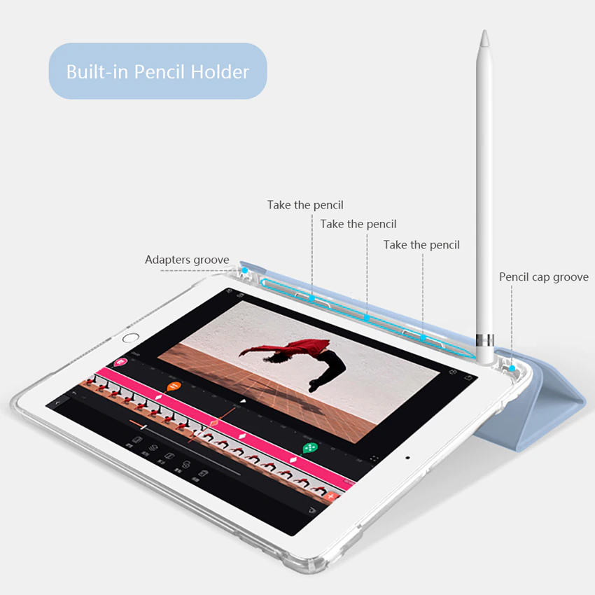 Tri Fold PU Leather Cover with Soft TPU Translucent Clear Case and Pencil Holder 04