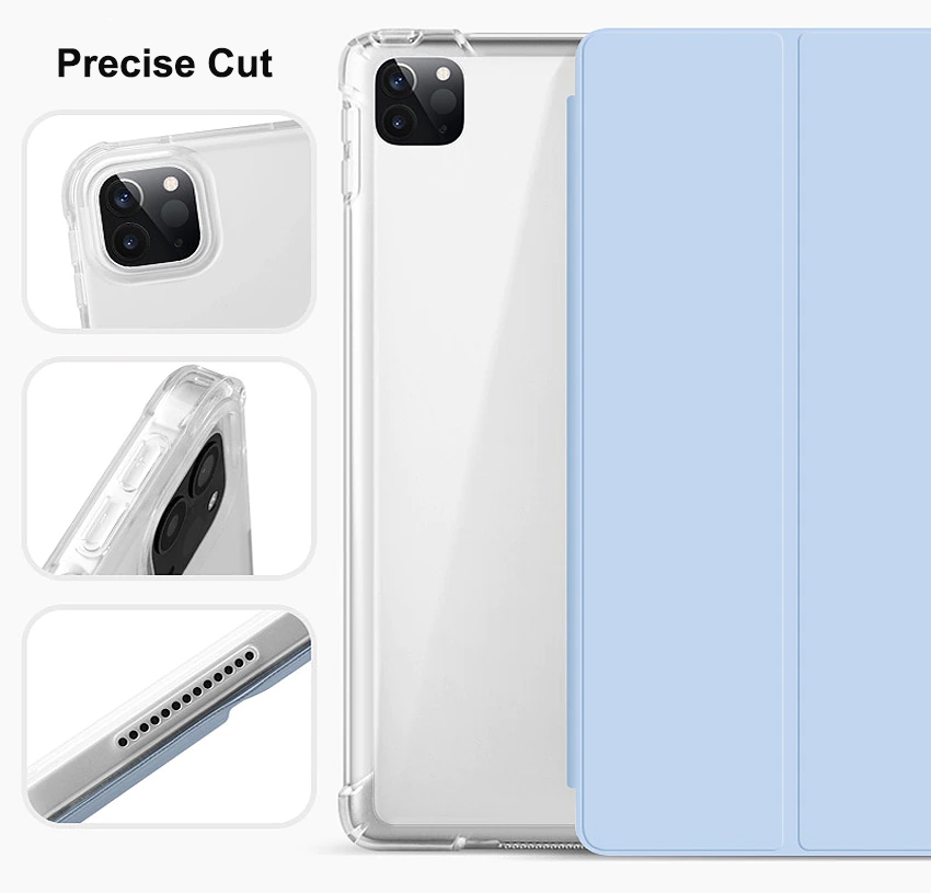 Tri Fold PU Leather Cover with Soft TPU Translucent Clear Case and Pencil Holder 05