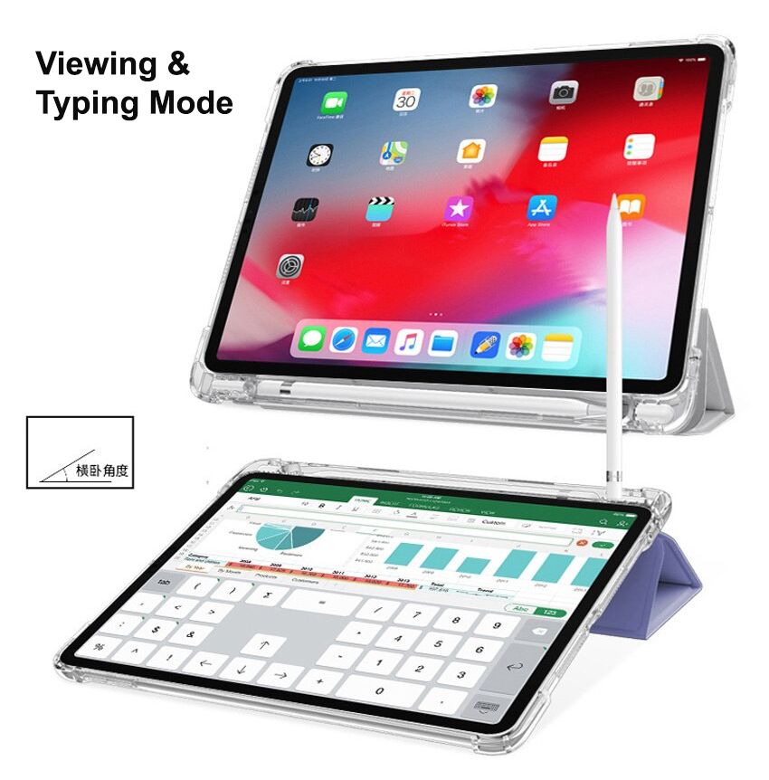Tri Fold PU Leather Cover with Soft TPU Translucent Clear Case and Pencil Holder 08