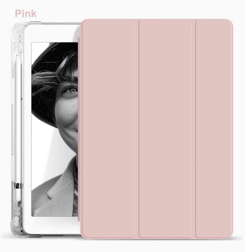 Tri Fold PU Leather Cover with Soft TPU Translucent Clear Case and Pencil Holder 10