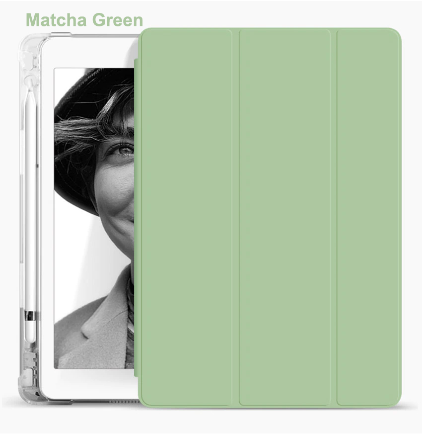 Tri Fold PU Leather Cover with Soft TPU Translucent Clear Case and Pencil Holder 12