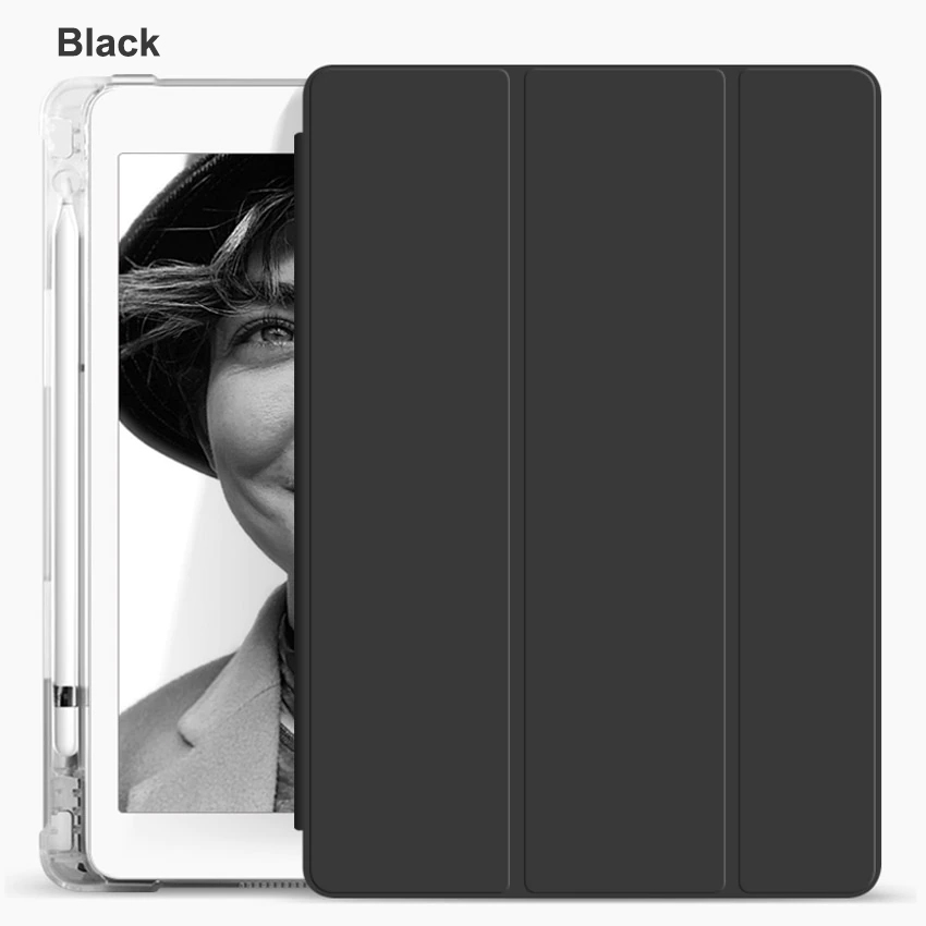 Tri Fold PU Leather Cover with Soft TPU Translucent Clear Case and Pencil Holder 15