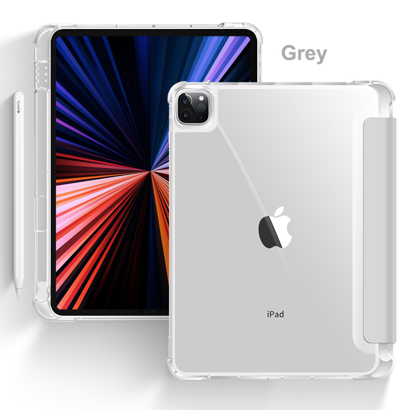 Tri Fold PU Leather Flip Cover with Soft TPU Transparent Clear Case and Pencil Holder 13